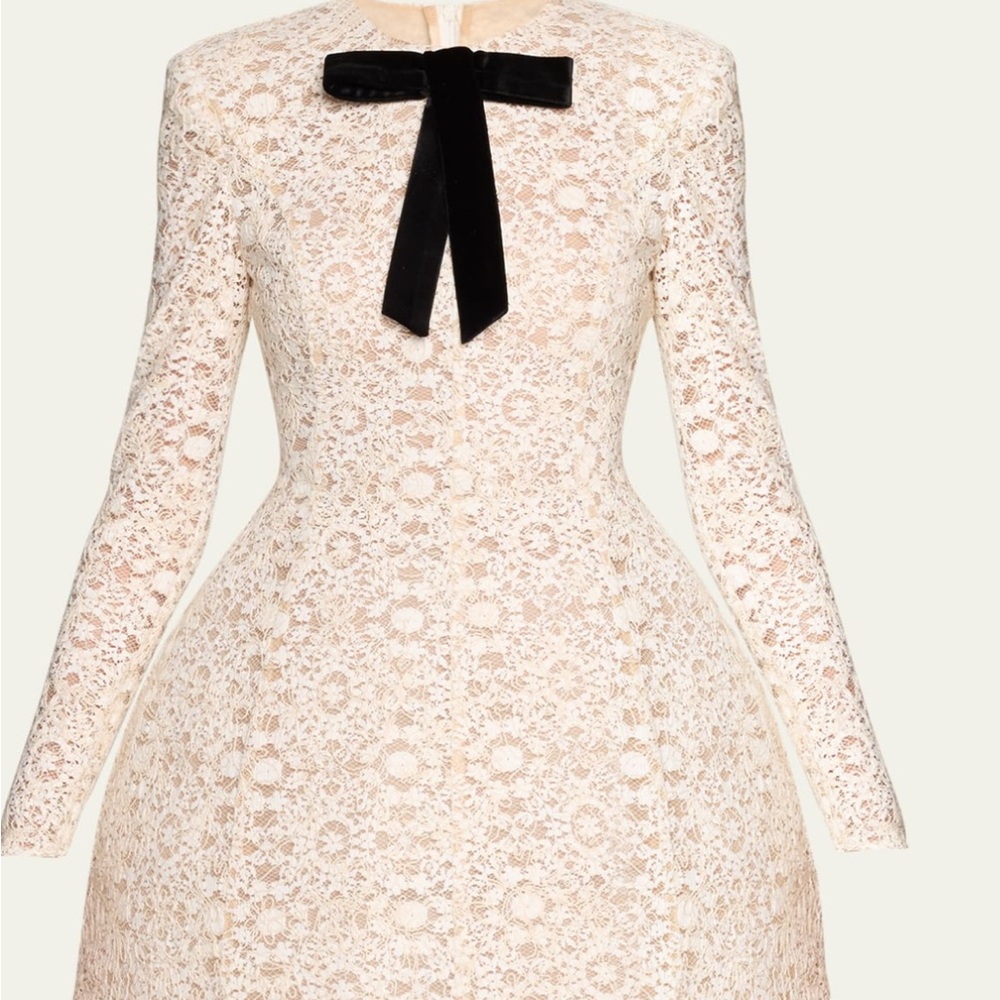 Elegant Cream Lace Dress with Black Bow